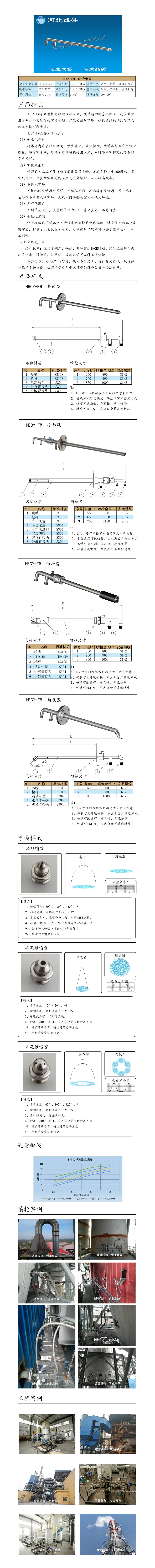 電廠脫硝噴槍保護(hù)套、噴槍參數(shù)、材質(zhì)尺寸、流量分布圖、扇形空心錐俯視圖介紹，以及噴槍霧化視頻展示和工程案例介紹