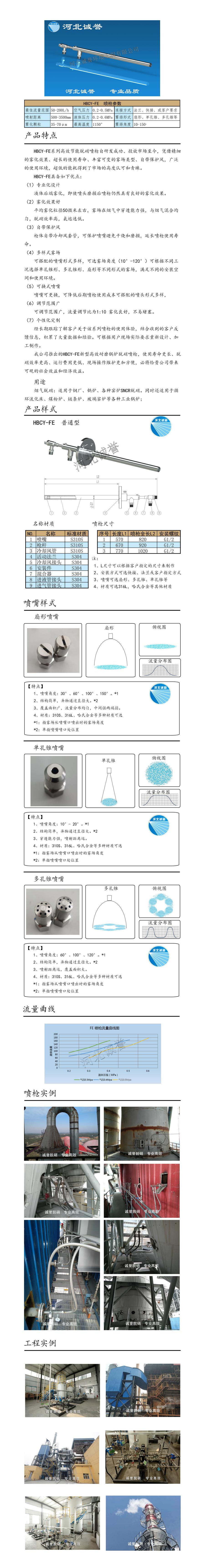 氨水噴槍、保護(hù)套、噴槍參數(shù)、材質(zhì)尺寸、流量分布圖、扇形空心錐俯視圖介紹，以及噴槍霧化視頻展示和工程案例介紹